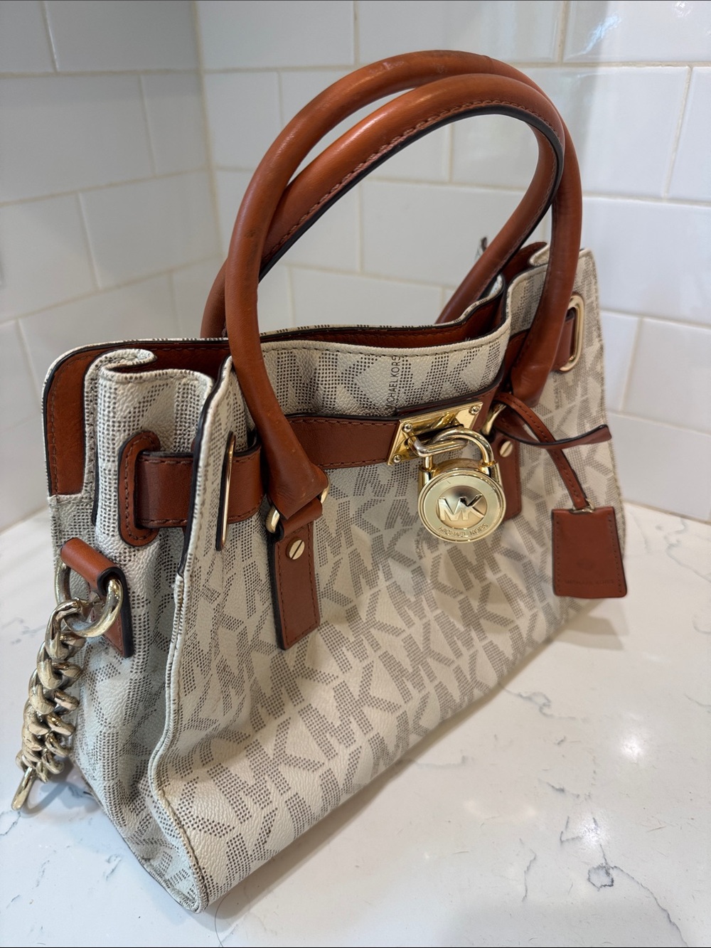 Michael Kors Cream Logo Canvas Satchel with Brown Leather Trim - Picture 3 of 12
